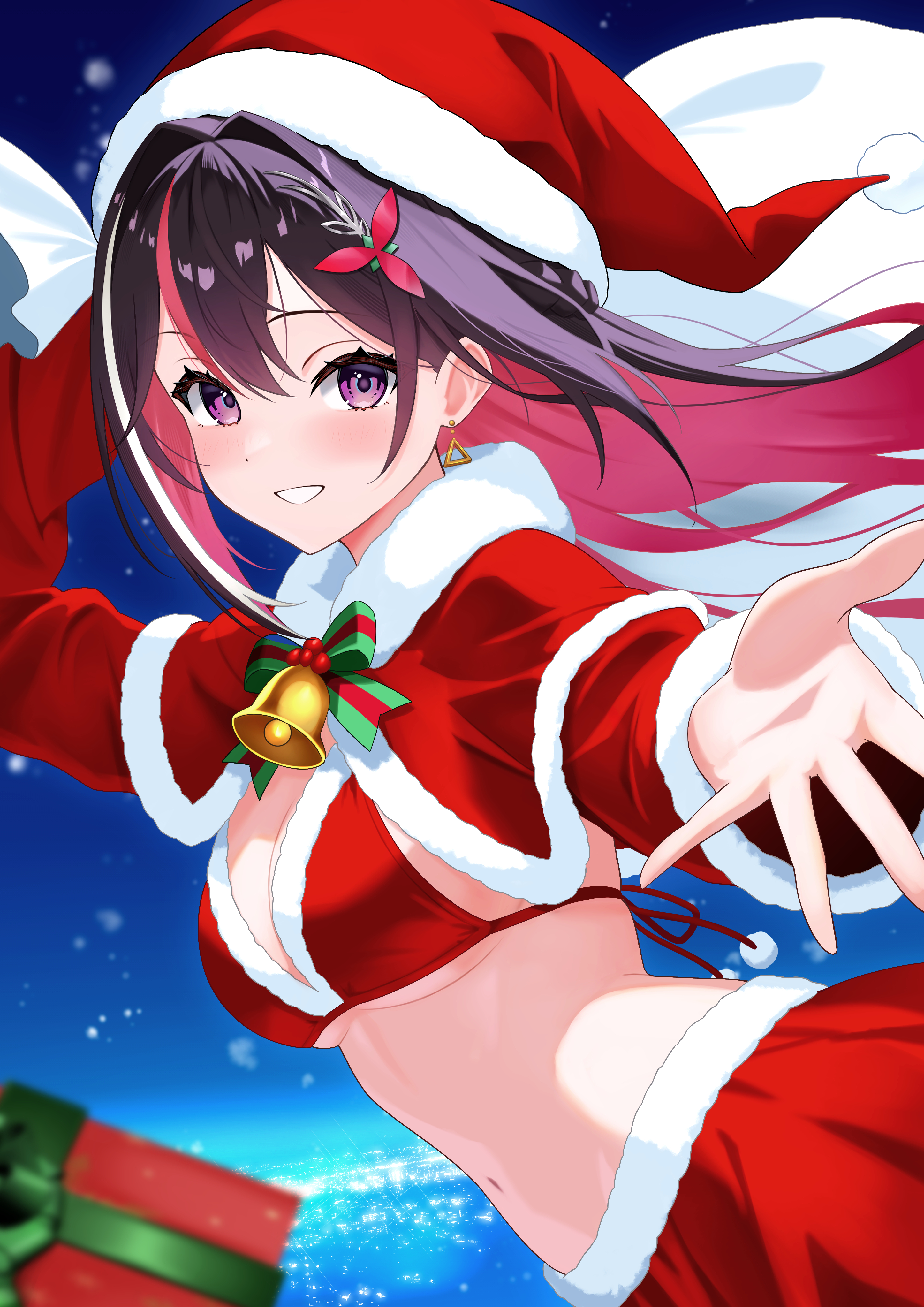 telu (teluscarlet), azki (hololive), hololive, absurdres, commentary request, highres, 1girl, bell, bikini, bikini top only, black hair, box, braid, breasts, capelet, cleavage, colored inner hair, double-parted bangs, earrings, fur-trimmed bikini, fur-trimmed capelet, fur-trimmed headwear, fur-trimmed skirt, fur-trimmed sleeves, fur trim, gift, gift box, grin, hair between eyes, hair intakes, hair ornament, hairclip, half up braid, hat, holding, holding sack, jewelry, large breasts, long hair, long sleeves, looking at viewer, midair, multicolored hair, navel, neck bell, outdoors, pink hair, pink streaks, pom pom (clothes), purple eyes, reaching, reaching towards viewer, red bikini, red capelet, red hat, red skirt, red sleeves, sack, santa bikini, santa costume, santa hat, skirt, smile, solo, stomach, streaked hair, swimsuit, triangle earrings, very long hair, virtual youtuber, white streaks