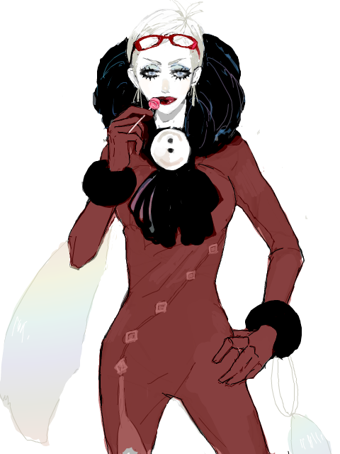 bayonetta, jeanne (bayonetta), bayonetta (series), blue eyes, bodysuit, candy, earrings, eyeshadow, food, glasses, jewelry, lipstick, lollipop, makeup, short hair, white hair