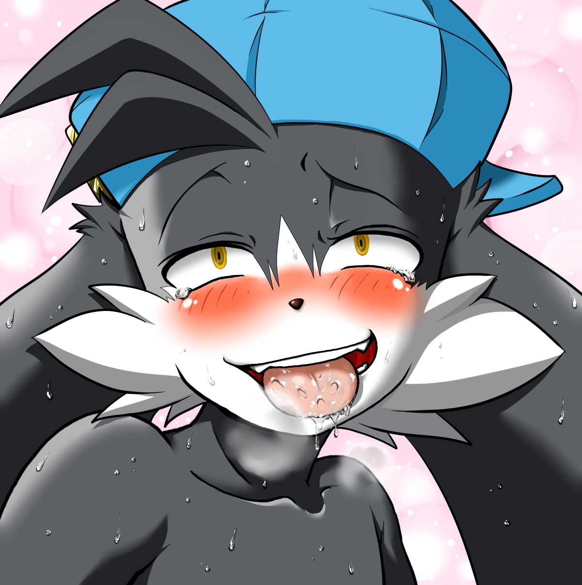 klonoa, kaze no klonoa, namco, highres, 1boy, ahegao, blush, furry, furry male, hat, male focus, naughty face, open mouth, saliva, solo, sweat, tongue, yellow eyes