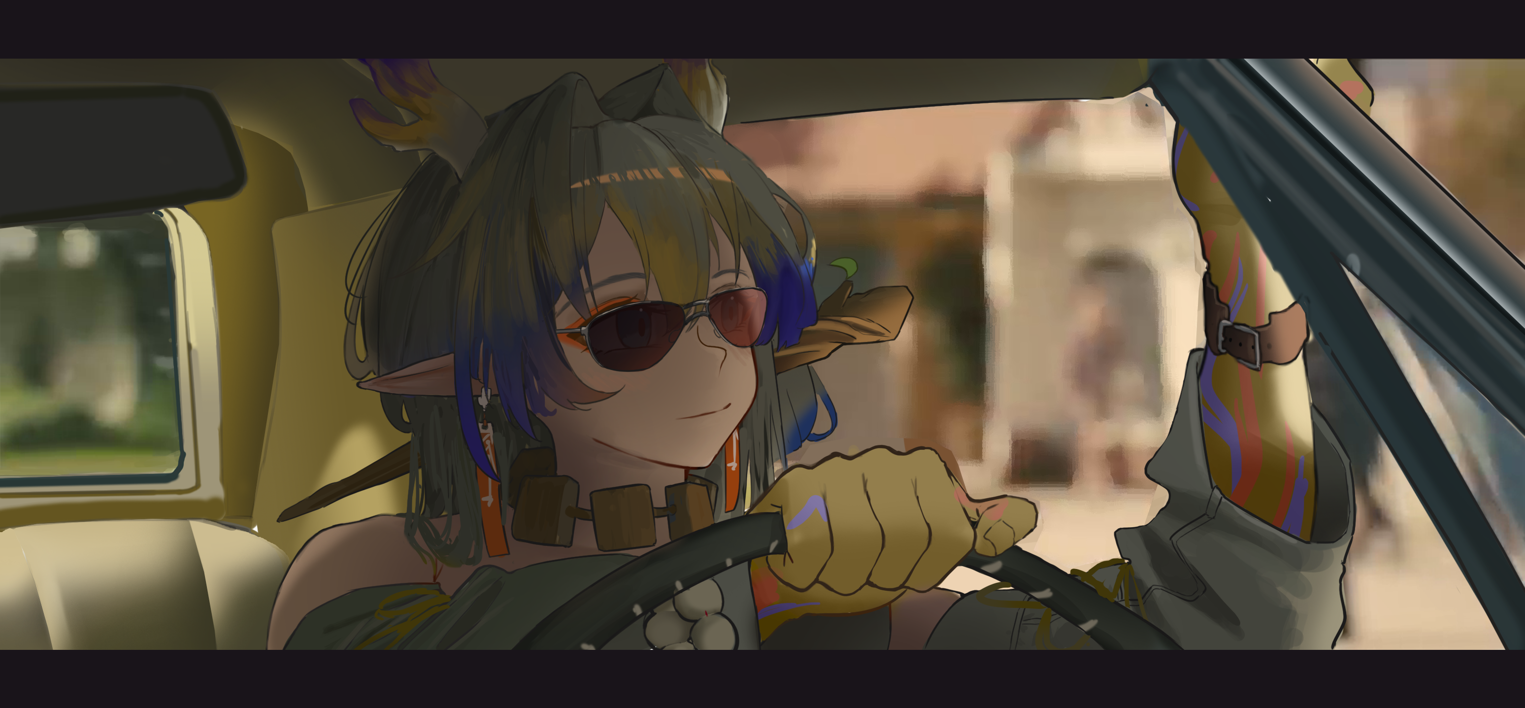 northkiyou, shu (arknights), arknights, once upon a time in hollywood, commentary, english commentary, highres, mixed-language commentary, 1girl, bare shoulders, blonde hair, blue hair, car interior, day, dragon horns, driving, grey hair, horns, long hair, multicolored hair, pointy ears, portrait, sitting, smile, steering wheel, sunglasses