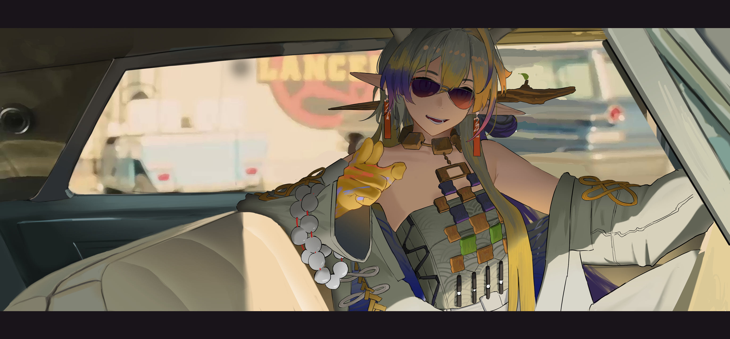 northkiyou, shu (arknights), arknights, once upon a time in hollywood, commentary, english commentary, highres, mixed-language commentary, 1girl, bare shoulders, blonde hair, blue hair, car interior, day, dragon horns, driving, grey hair, horns, long hair, looking at viewer, multicolored hair, open mouth, pointing, pointy ears, sitting, smile, steering wheel, sunglasses, upper body