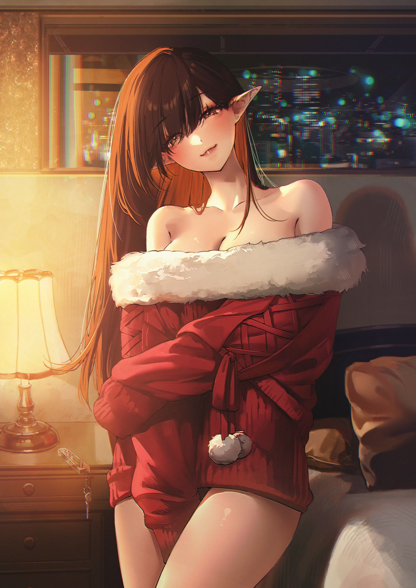 sino42, original, commentary, highres, 1girl, bare shoulders, blush stickers, breasts, brown hair, cleavage, closed mouth, collarbone, desk lamp, fur-trimmed sweater, fur trim, hair between eyes, indoors, lamp, long hair, looking at viewer, navel, night, off-shoulder sweater, off shoulder, pointy ears, pom pom (clothes), red eyes, sweater, very long hair