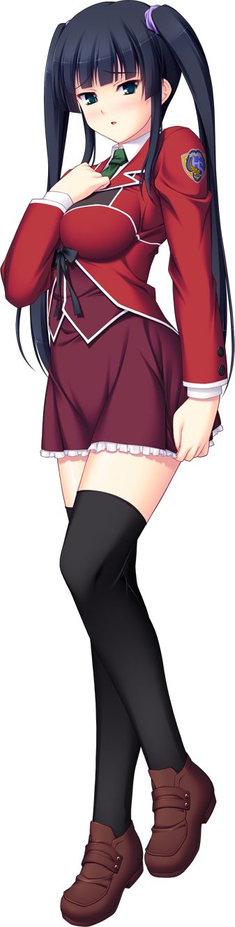 tsukumo kazuita, kurasawa anzu, nerawareta megami tenshi angel tear, game cg, highres, large variant set, non-web source, official art, variant set, 1girl, black hair, black thighhighs, blush, breasts, full body, green eyes, hand on own chest, loafers, long hair, looking at viewer, necktie, school uniform, shoes, skirt, solo, thighhighs, transparent background, twintails, zettai ryouiki