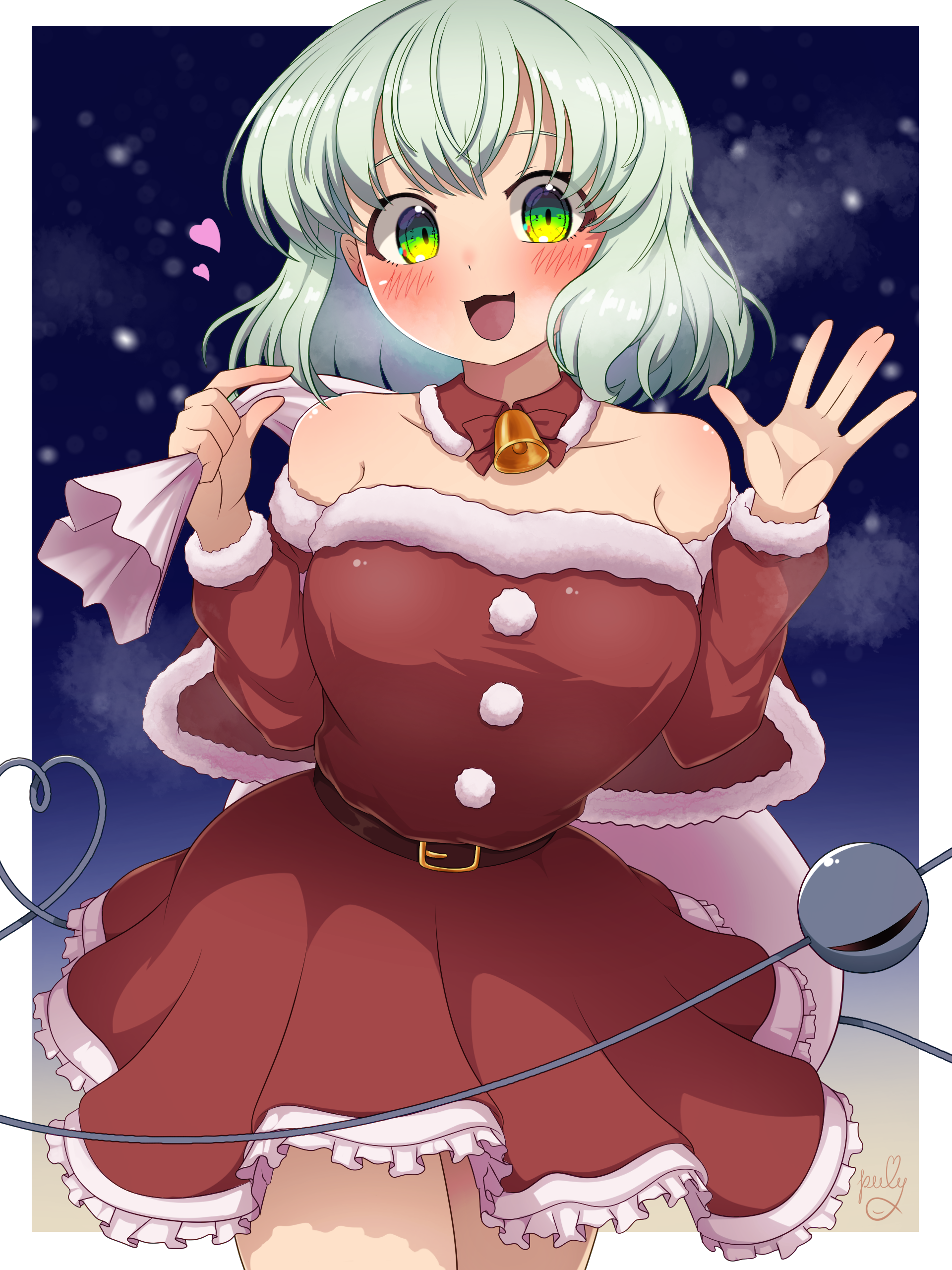polyhedron2, komeiji koishi, touhou, absurdres, commentary request, highres, 1girl, :3, alternate costume, bare shoulders, bell, belt, blush, breasts, breath, brown belt, detached collar, detached sleeves, dress, eyeball, fur-trimmed dress, fur-trimmed sleeves, fur trim, green eyes, green hair, heart, heart of string, holding, holding sack, long hair, looking at viewer, neck bell, no headwear, open mouth, red dress, sack, santa costume, santa dress, signature, smile, solo, strapless, strapless dress, third eye