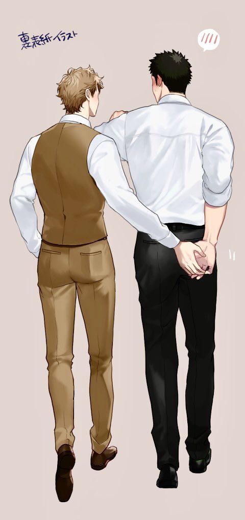 jita (jita5max), commentary request, 2boys, asuma (risky sugar spice), black hair, black pants, black shoes, brown hair, brown pants, brown shoes, brown vest, from behind, holding hands, inukai (risky sugar spice), male focus, multiple boys, pants, purple background, risky sugar spice, shirt, shoes, spoken blush, vest, white shirt, yaoi
