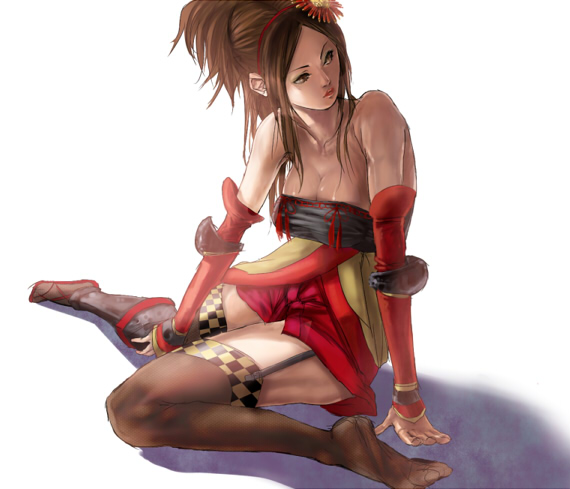 guri otoko, kai (sengoku musou), sengoku musou, sengoku musou 3, breasts, brown hair, cleavage, elbow gloves, gloves, hair ornament, hairband, long hair, sandals, sitting, skirt, thighhighs