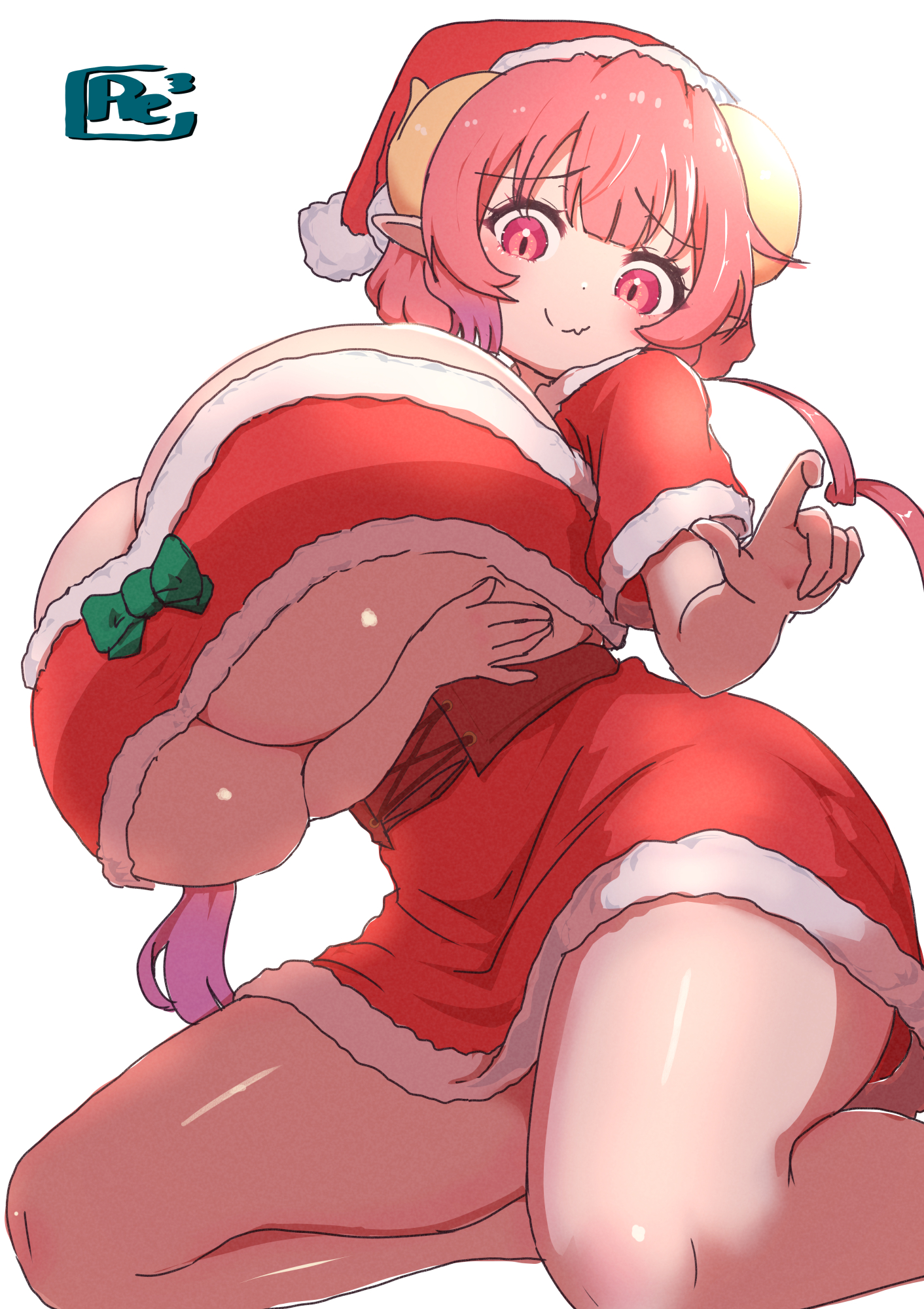 reiwa rerere, ilulu (maidragon), kobayashi-san chi no maidragon, 1girl, arm under breasts, bandeau, bow, breasts, christmas, cleavage, dragon girl, dragon horns, dress, gigantic breasts, green bow, hat, horns, huge breasts, looking at viewer, red eyes, red hair, santa costume, santa dress, santa hat, short dress, short sleeves, shortstack, smile, solo, thick thighs, thighs, underboob