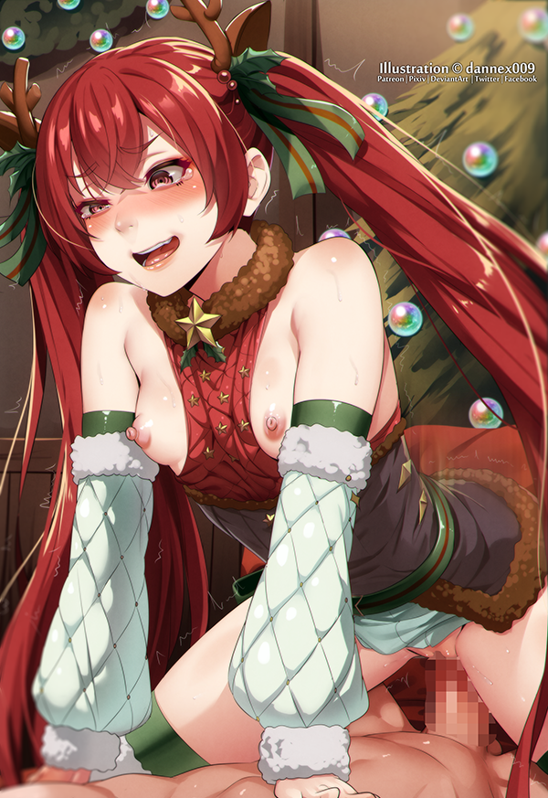 dannex009, selena (fire emblem fates), selena (winter) (fire emblem fates), fire emblem, fire emblem fates, fire emblem heroes, nintendo, commentary, english commentary, 1boy, 1girl, :d, antlers, bare shoulders, breasts, breasts out, christmas tree, cowgirl position, detached sleeves, fake antlers, girl on top, half-closed eyes, hetero, horns, indoors, long hair, long sleeves, nude, official alternate costume, open mouth, penis, red eyes, red hair, reindeer antlers, sex, small breasts, smile, solo focus, straddling, sweat, tearing up, teeth, thighs, tongue, turtleneck, twintails, very long hair