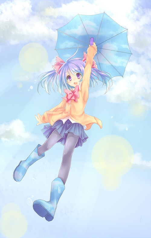 rai (rai-s), original, 1girl, blue boots, blue hair, boots, cloud, day, female focus, flying, open mouth, pantyhose, purple eyes, rubber boots, skirt, sky, sky print, solo, twintails, umbrella, umbrella riding