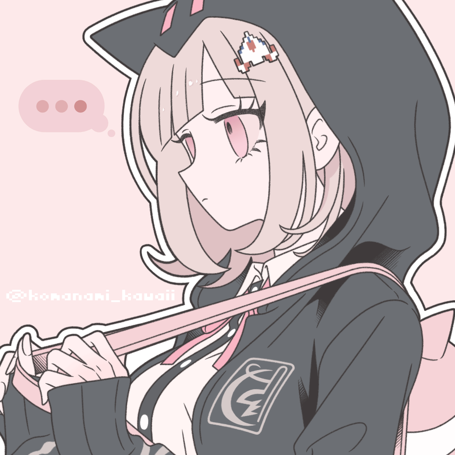 komanami kawaii, nanami chiaki, danganronpa (series), danganronpa 2: goodbye despair, commentary request, 1girl, animal bag, breasts, brown hair, cat bag, collared shirt, flipped hair, hair ornament, hood, jacket, long sleeves, medium hair, neck ribbon, open clothes, open jacket, pink bag, pink eyes, pink ribbon, ribbon, shirt, two-tone shirt, white shirt