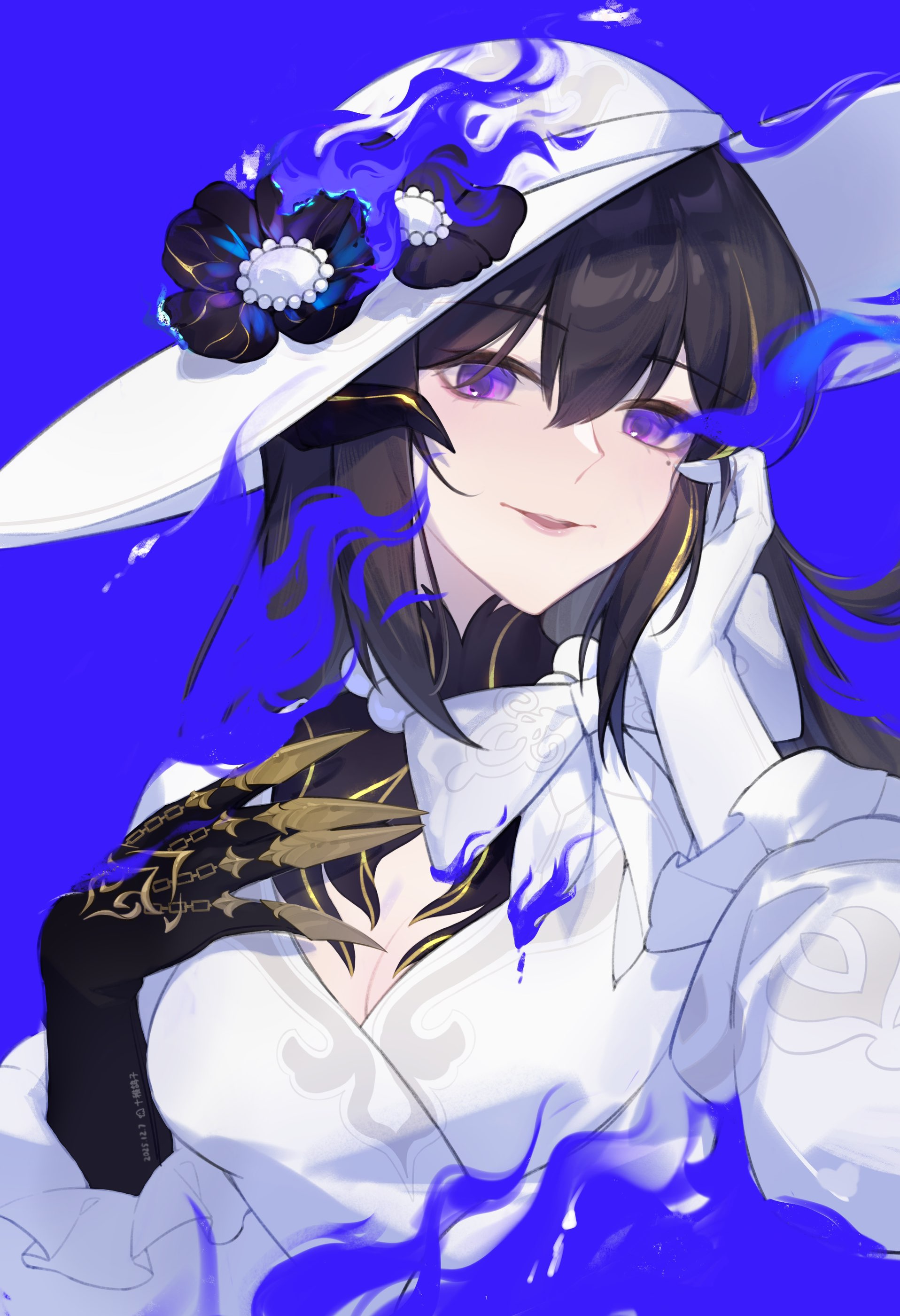 ten young pigeons, the dahlia (honkai: star rail), honkai: star rail, honkai (series), absurdres, commentary request, highres, 1girl, black hair, breasts, demon girl, demon horns, dress, horns, large breasts, looking at viewer, purple eyes, solo, white dress