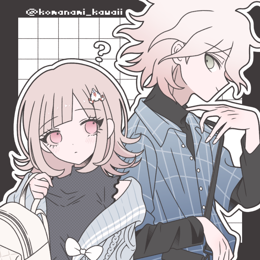 komanami kawaii, komaeda nagito, nanami chiaki, danganronpa (series), danganronpa 2: goodbye despair, commentary request, 1boy, 1girl, ?, artist name, bag, black background, black sweater, blush, breasts, brown hair, dress shirt, flipped hair, green shirt, grey hair, grey jacket, hair ornament, holding, holding bag, jacket, large breasts, long sleeves, messy hair, official alternate costume, open clothes, open jacket, outline, pink eyes, profile, shirt, smile, sweater, upper body, white background, white outline