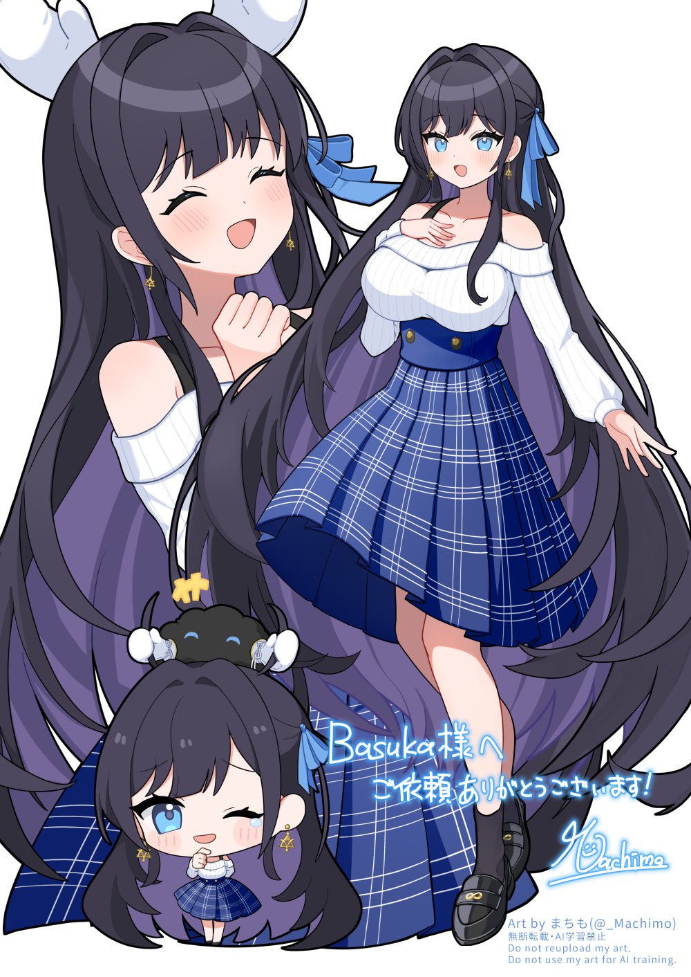 machimo, original, commentary, commission, highres, skeb commission, 1girl, :d, ;d, ^ ^, artist name, bare shoulders, black shoes, black socks, blue ribbon, blue skirt, blush, borrowed character, breasts, chibi, closed eyes, collarbone, dot nose, full body, hair ribbon, hand up, large breasts, long hair, looking at viewer, multiple views, off-shoulder sweater, off shoulder, one eye closed, open mouth, pleated skirt, ribbed sweater, ribbon, shoes, signature, simple background, skirt, smile, socks, standing, sweater, teardrop, twitter username, very long hair, watermark, white background, white sweater