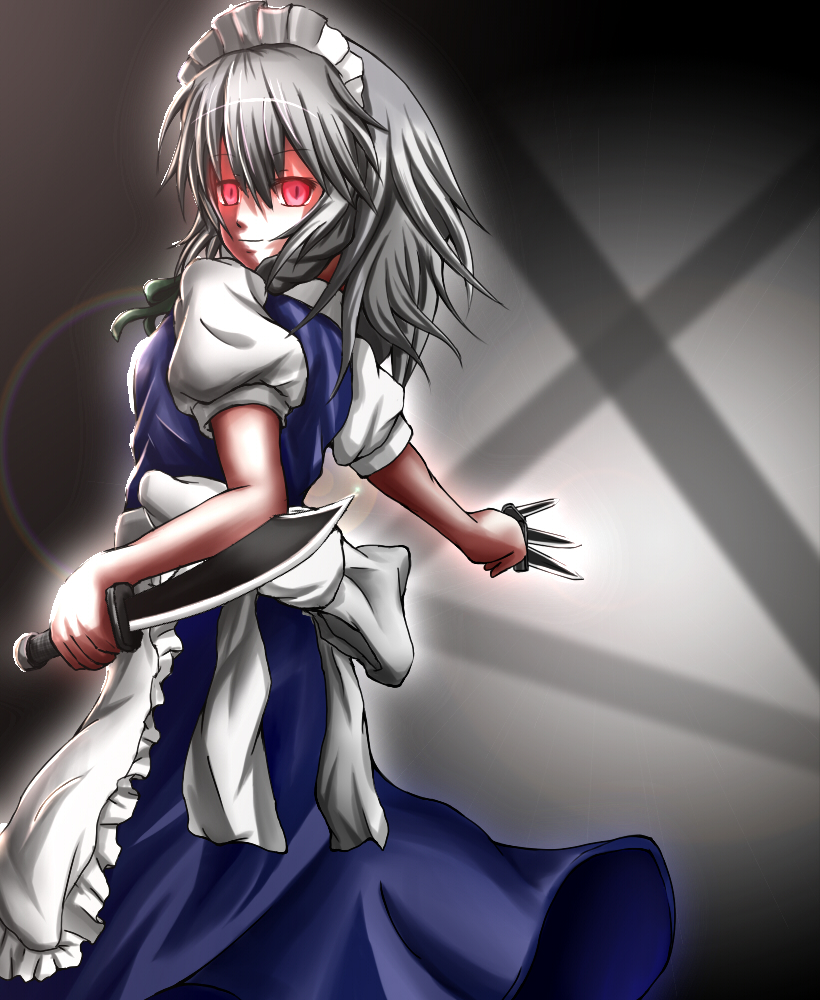 dij, nawate (dij), izayoi sakuya, embodiment of scarlet devil, touhou, silver hair, bad id, bad pixiv id, 1girl, braid, female focus, hairband, knife, maid, red eyes, short hair, solo, throwing knife, twin braids, weapon