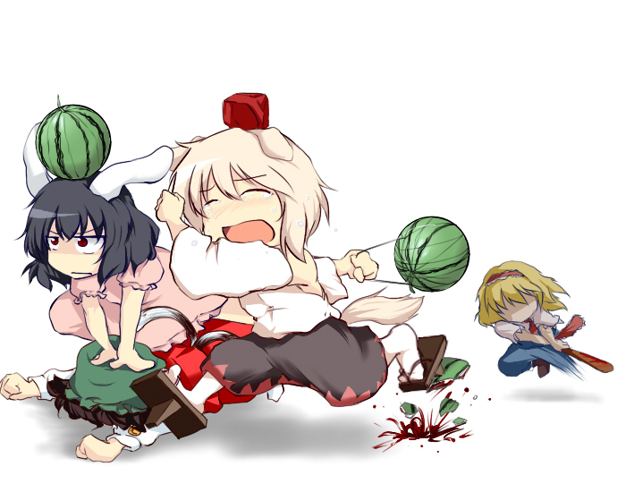 beegle, alice margatroid, chen, ibuki suika, inaba tewi, inubashiri momiji, touhou, bad id, bad pixiv id, 4girls, animal ears, baseball bat, chasing, female focus, food, fruit, geta, multiple girls, rabbit ears, running, tengu-geta, watermelon