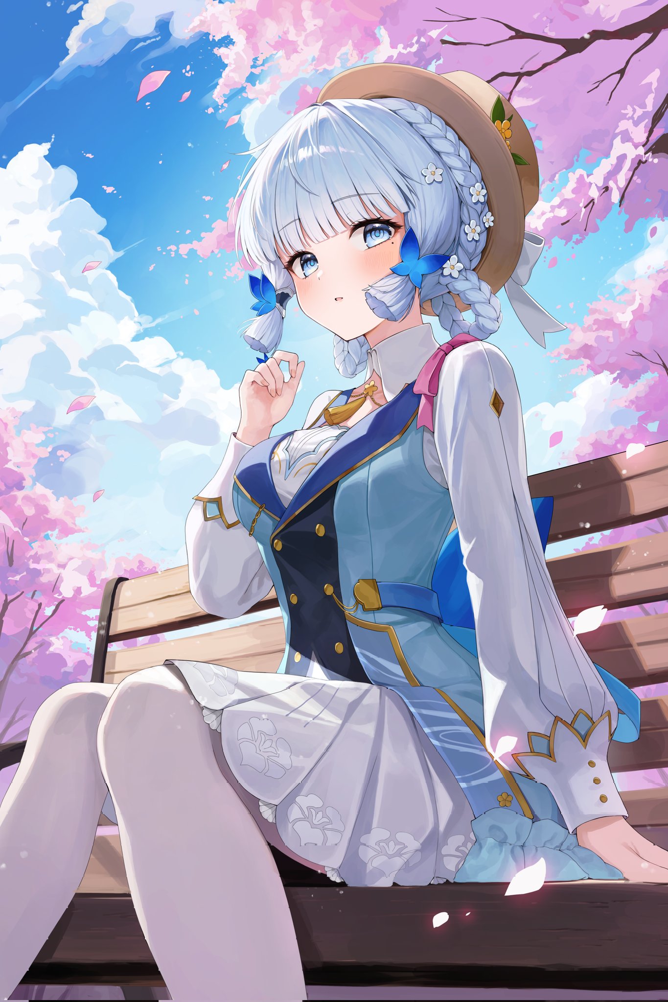 yeohye s2, ayaka (genshin impact), kamisato ayaka, kamisato ayaka (springbloom missive), genshin impact, commentary, highres, symbol-only commentary, 1girl, arm support, bench, blue dress, blue eyes, blunt bangs, blunt tresses, braid, braided hair rings, branch, breasts, brown hat, cherry blossoms, cloud, day, dress, falling petals, flower, from below, gold trim, hair flower, hair ornament, hair rings, hand up, hat, long sleeves, looking ahead, medium breasts, mole, mole under eye, official alternate costume, on bench, pantyhose, park bench, parted lips, petals, pink petals, puffy long sleeves, puffy sleeves, ringed eyes, sitting, sky, sleeve cuffs, solo, tassel, tree, white dress, white flower, white pantyhose, wooden bench