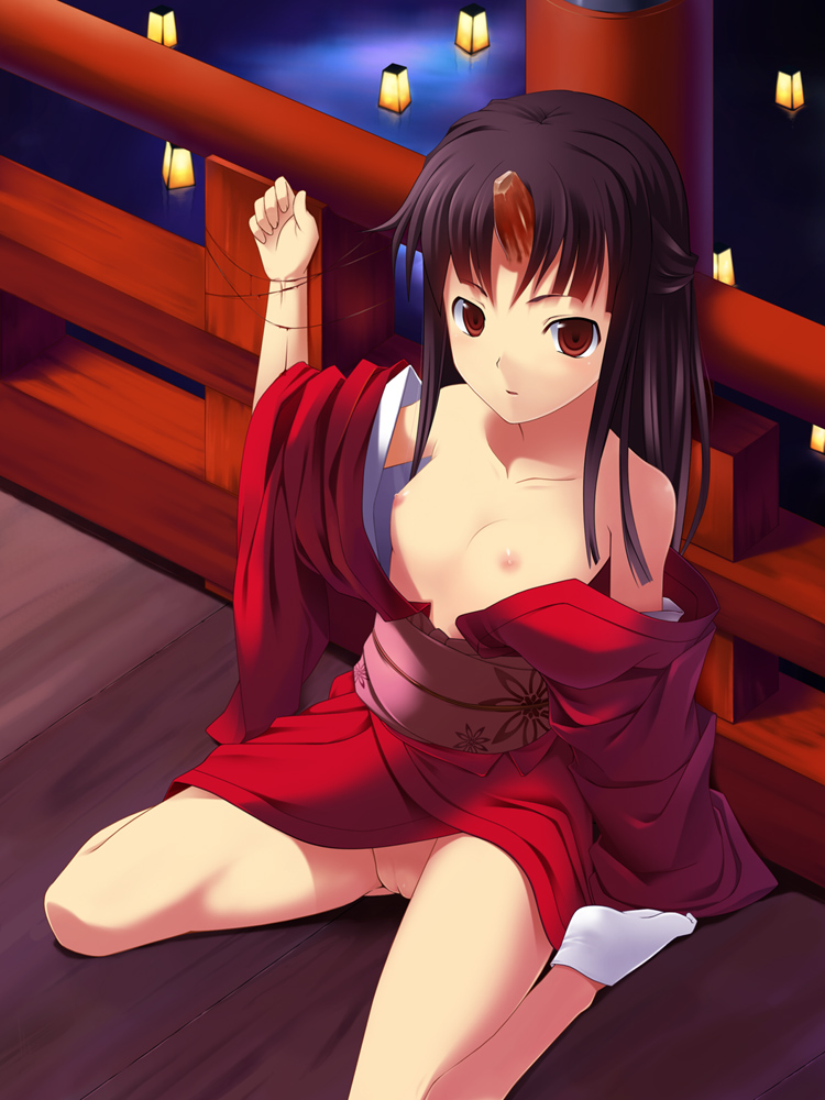 koikeya, original, bad id, bad pixiv id, md5 mismatch, 1girl, bdsm, bondage, bound, breasts, brown eyes, brown hair, cable, female focus, flat chest, horns, japanese clothes, kimono, kneeling, lantern, loli, no panties, solo