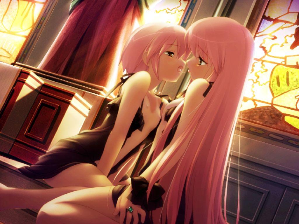 black lingerie, dress, flat chest, kiss, lingerie, long hair, nipples, open clothes, open dress, pink hair, saliva, short hair, stained glass, tan, tanline, underwear, yuri