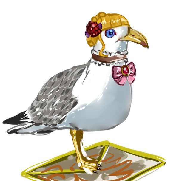 himejima, himeshima koukichi, beatrice (umineko), umineko no naku koro ni, bad id, bad pixiv id, 00s, animal focus, animalization, bird, blonde hair, blue eyes, bow, choker, letter, no humans, pink bow, seagull