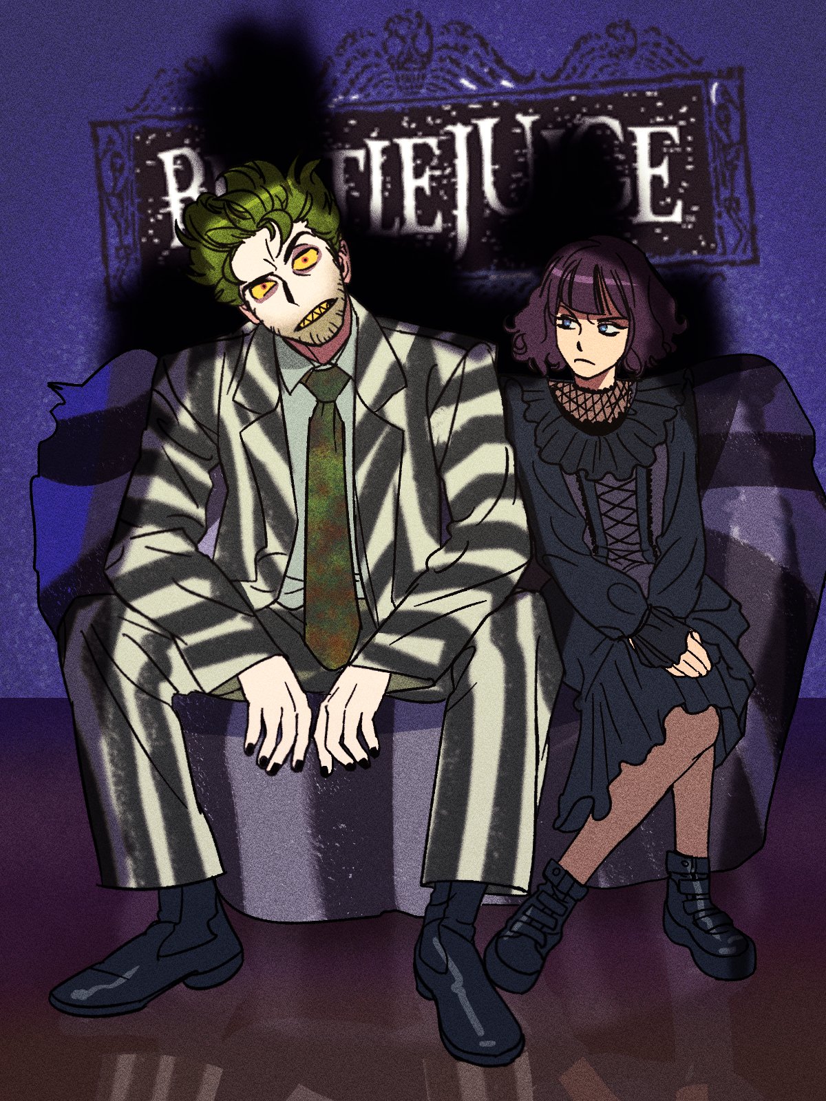 betelgeuse (beetlejuice), lydia deetz, beetlejuice, commentary, english commentary, highres, 1boy, 1girl, animification, baoul101552, black boots, black dress, black hair, black nails, blue eyes, boots, colored sclera, colored skin, colored teeth, copyright name, couch, dress, dress shirt, facial hair, formal clothes, goth fashion, green hair, logo, looking at another, looking at viewer, multicolored necktie, necktie, on couch, red eyes, sharp teeth, shirt, short hair, sitting, stubble, teeth, vertical-striped suit, white shirt, white skin, yellow sclera, yellow teeth