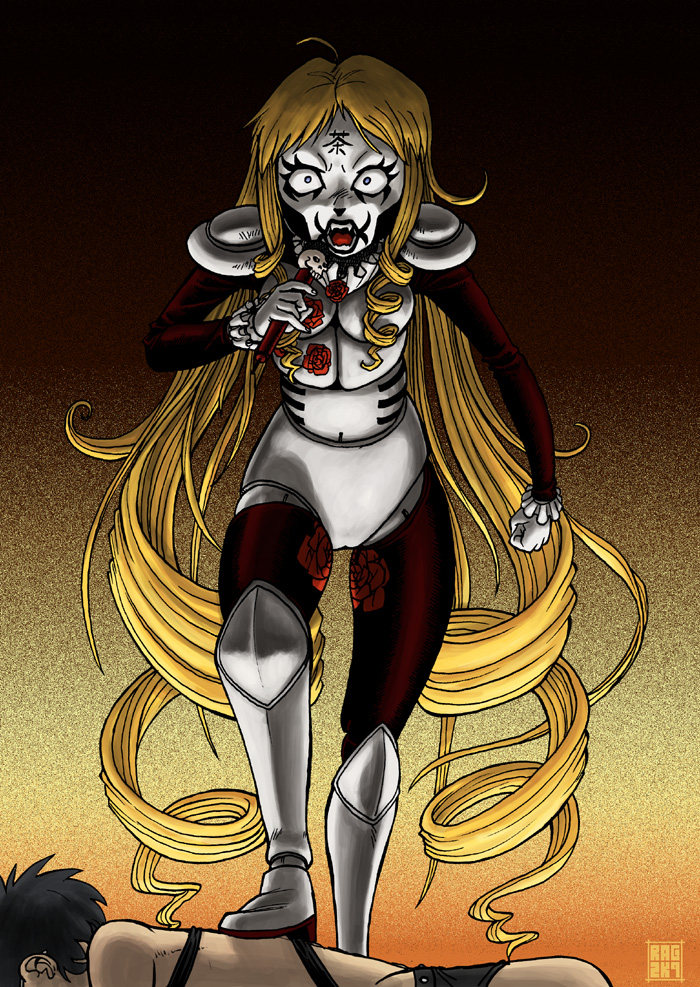 ragathol, johannes krauser ii, sakurada jun, shinku, detroit metal city, rozen maiden, 1boy, 1girl, armor, bdsm, blonde hair, cosplay, drill hair, flower, johannes krauser ii (cosplay), rose, skull