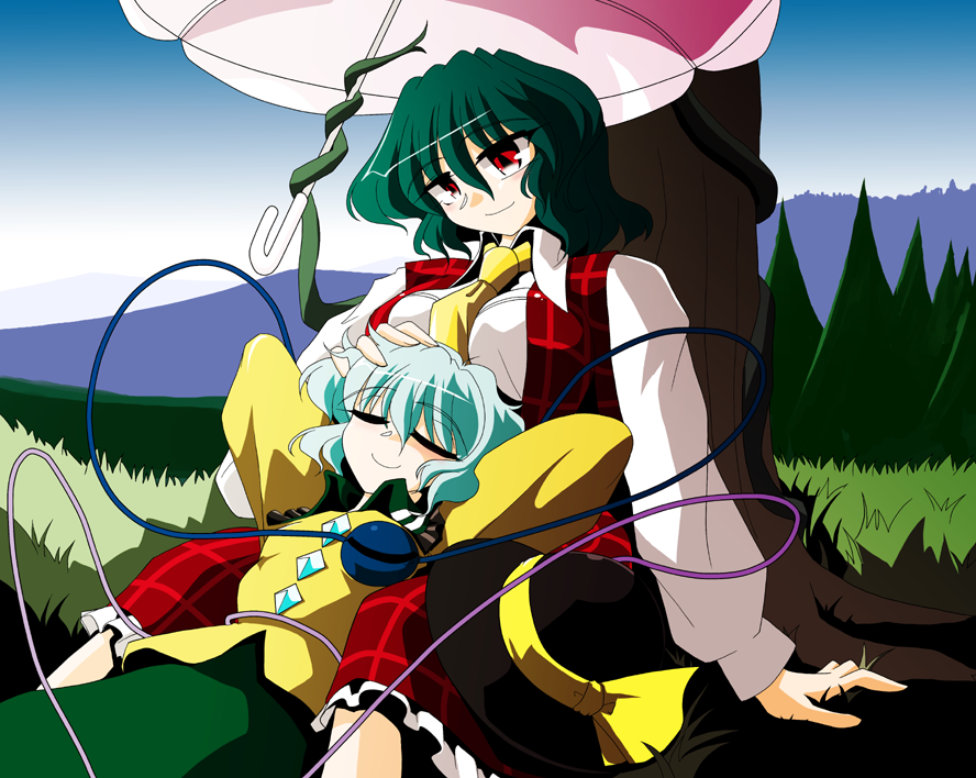 kieyza, kazami yuuka, komeiji koishi, touhou, 2girls, against tree, arms behind head, ascot, breasts, closed eyes, female focus, field, forest, grass, green hair, happy, lap pillow, lying, medium breasts, mountain, multiple girls, nature, plaid clothes, plaid skirt, plaid vest, plant, red eyes, ruffling hair, short hair, skirt, skirt set, smile, tree, umbrella, vest, vines