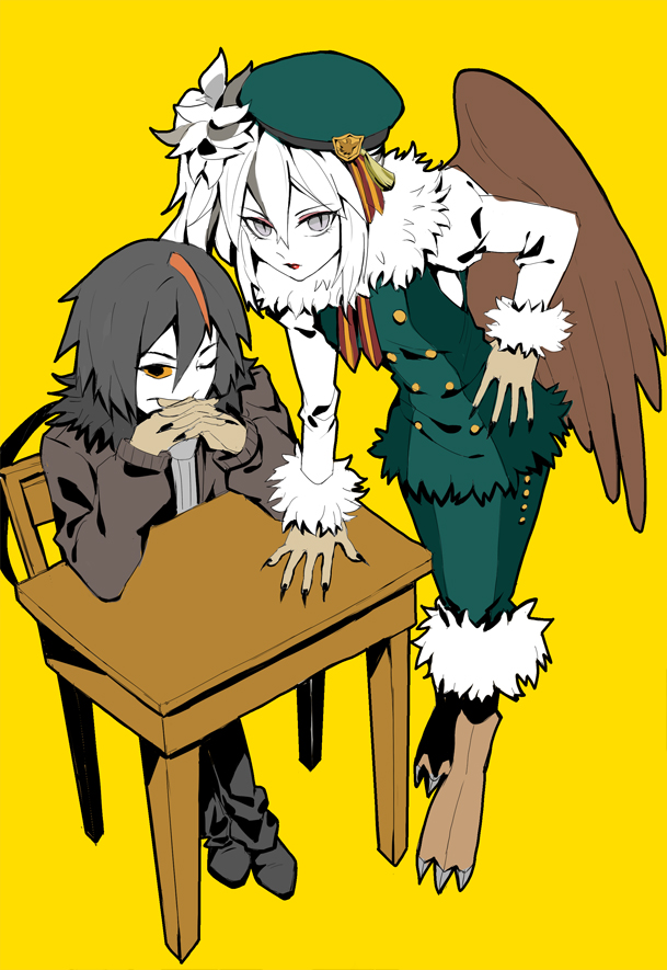 majiang, greif (funamusea), rouri (funamusea), funamusea, haiiro teien, commentary request, 1boy, 1girl, black jacket, demon boy, demon girl, jacket, long hair, long sleeves, looking at viewer, low-tied long hair, pants, puffy long sleeves, puffy sleeves, sitting, slit pupils, talons, white hair