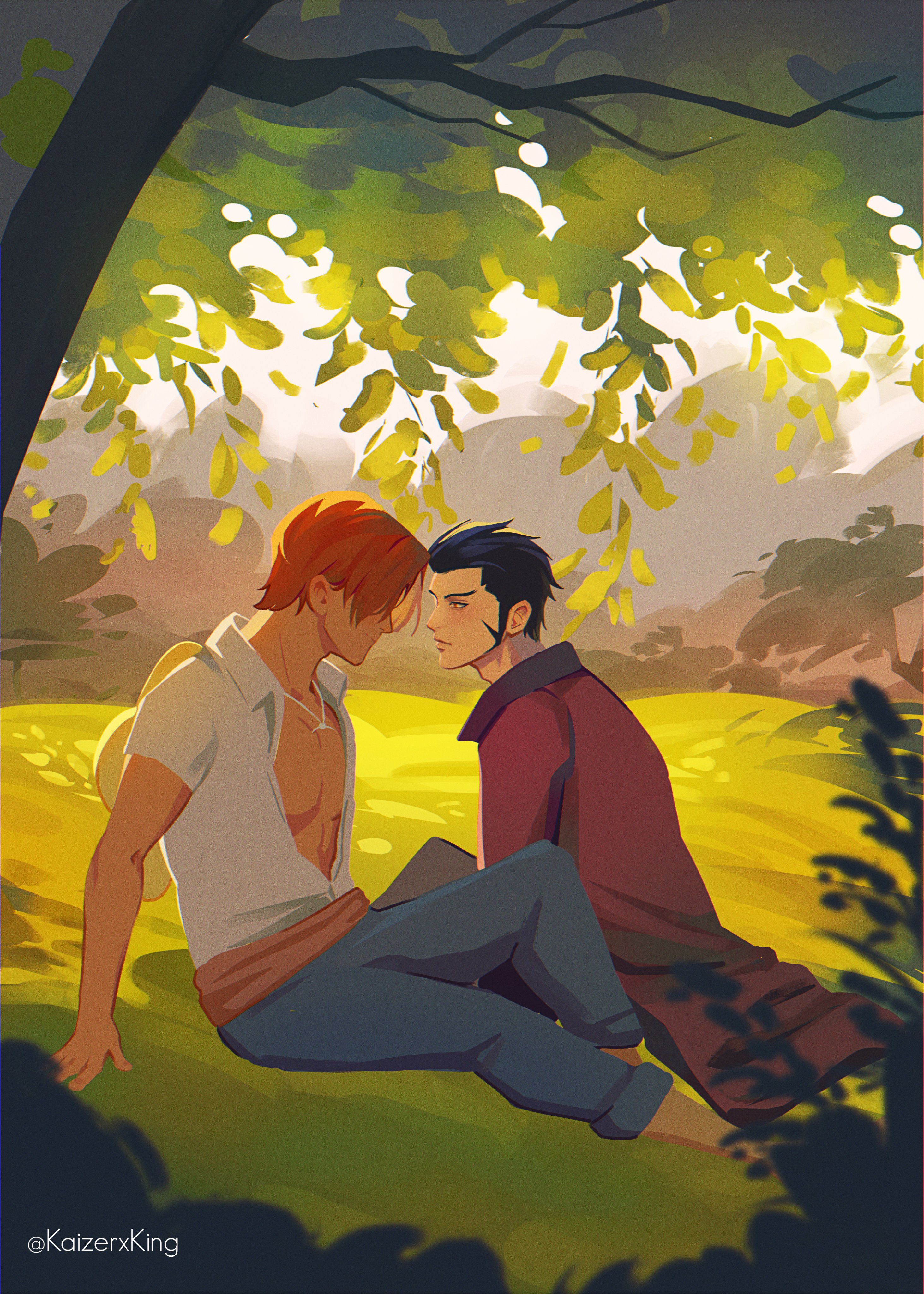 kaizer (kaizerxking), dracule mihawk, shanks (one piece), one piece, absurdres, commentary, english commentary, highres, 2boys, adam's apple, arm support, bare pectorals, black hair, blue pants, closed mouth, hat on back, long sideburns, looking at another, male focus, multiple boys, outdoors, pants, pectorals, red hair, shirt, short hair, sideburns, sitting, tree, white shirt, yaoi