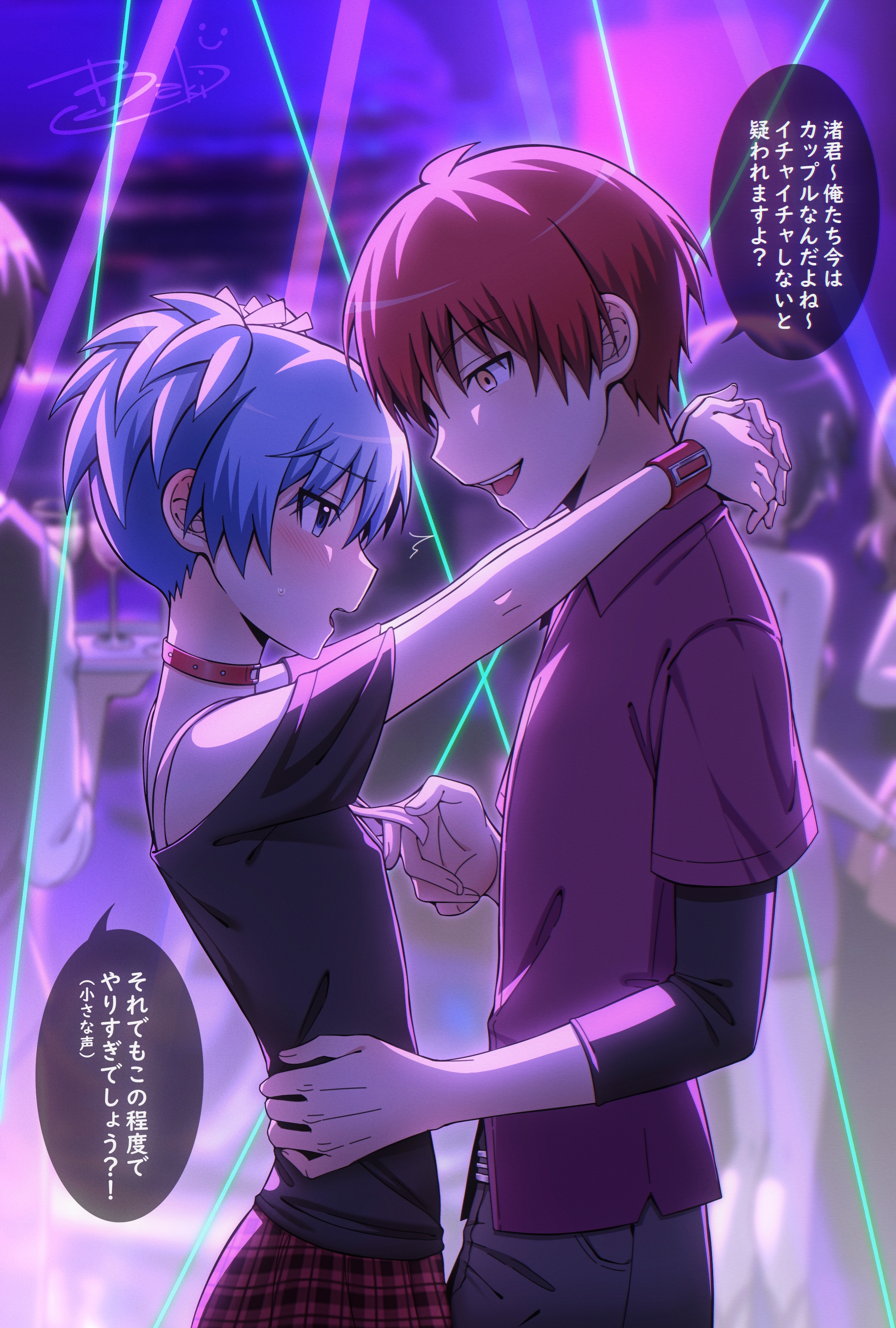 kanoshu baki, akabane karma, shiota nagisa, ansatsu kyoushitsu, absurdres, commentary request, highres, 2boys, :d, alcohol, arm around waist, arms around neck, black shirt, blue eyes, blue hair, blush, bracelet, choker, collared shirt, cowboy shot, crossdressing, crossdressing (mtf), crowd, cup, denim, drinking glass, fang, fog, forehead-to-forehead, from side, furrowed brow, hair between eyes, hand on another's back, heads together, holding, holding tray, indoors, jeans, jewelry, laser, layered sleeves, looking at another, multiple boys, nightclub, off-shoulder shirt, off shoulder, official alternate costume, open mouth, pants, plaid clothes, plaid skirt, purple shirt, red choker, red hair, red skirt, shirt, shirt under shirt, short hair, short twintails, skirt, smile, spaghetti strap, speech bubble, surprised, sweatdrop, tray, twintails, waiter, wrist belt, yaoi, yellow eyes