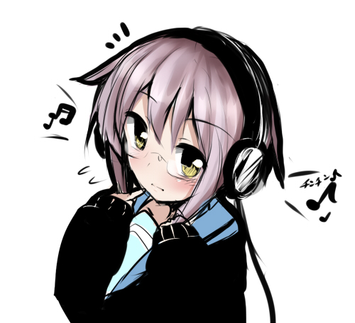 surikogi, nagato yuki, suzumiya haruhi no yuuutsu, lowres, 00s, 1girl, cardigan, female focus, glasses, grey hair, headphones, looking at viewer, musical note, purple hair, school uniform, serafuku, short hair, simple background, solo, white background, yellow eyes