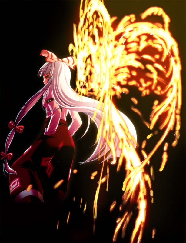 maroppe, fujiwara no mokou, touhou, silver hair, 1girl, dark, female focus, fiery wings, fire, floating, hair ribbon, hands in pockets, long hair, long sleeves, looking back, pants, red eyes, ribbon, shirt, solo, white shirt, wings