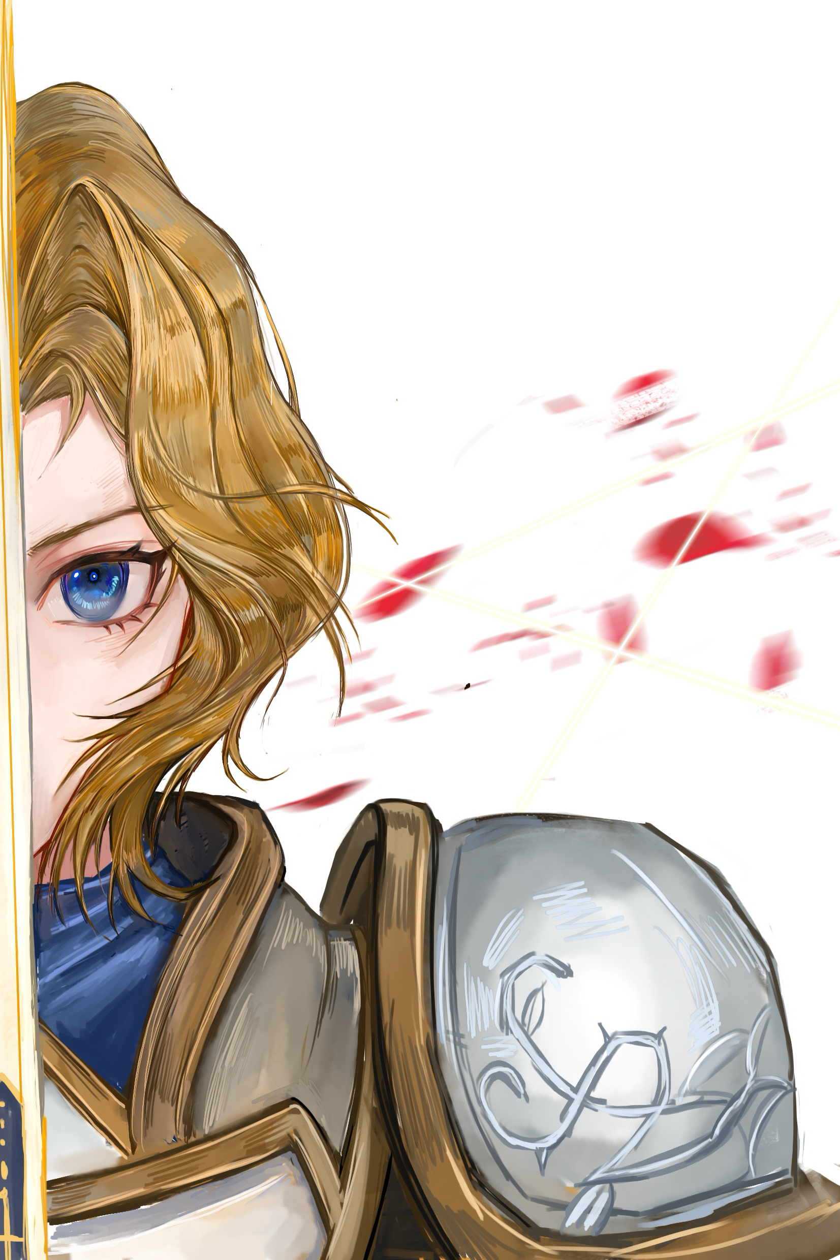 charlotte christine de colde, fate/stay night, fate (series), samurai spirits, absurdres, chinese commentary, commentary request, highres, armor, blonde hair, blue eyes, crossover, curtained hair, excalibur (fate/stay night), falling petals, looking at viewer, oyuyuo, petals, red petals, shoulder armor, sword, thumbnail collage, upper body, weapon