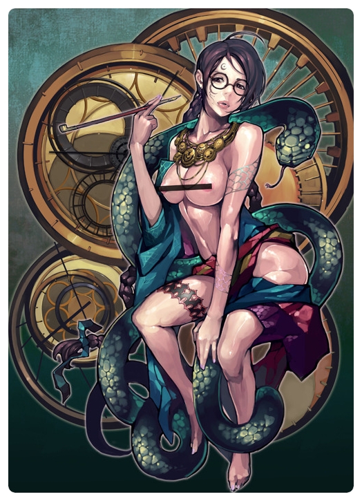 fufuhol, 1girl, braid, breasts, brown eyes, brown hair, censored, female focus, glasses, kiseru, large breasts, long hair, smoking pipe, snake, solo, twin braids