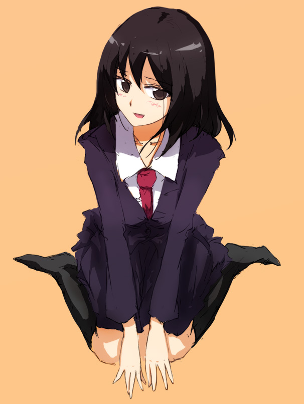 akizuki maku, mac (macrown), touyoko momoko, saki (manga), black legwear, bad id, bad pixiv id, 00s, 1girl, alternate eye color, black eyes, black hair, female focus, necktie, orange background, red necktie, school uniform, simple background, solo