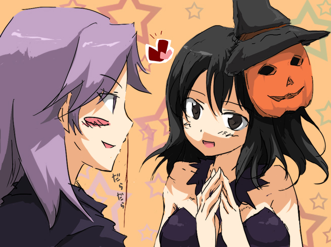 akizuki maku, mac (macrown), kajiki yumi, touyoko momoko, saki (manga), bad id, bad pixiv id, 00s, 2girls, blood, blush stickers, halloween, hat, jack-o'-lantern, mask, multiple girls, nosebleed, pumpkin, yuri