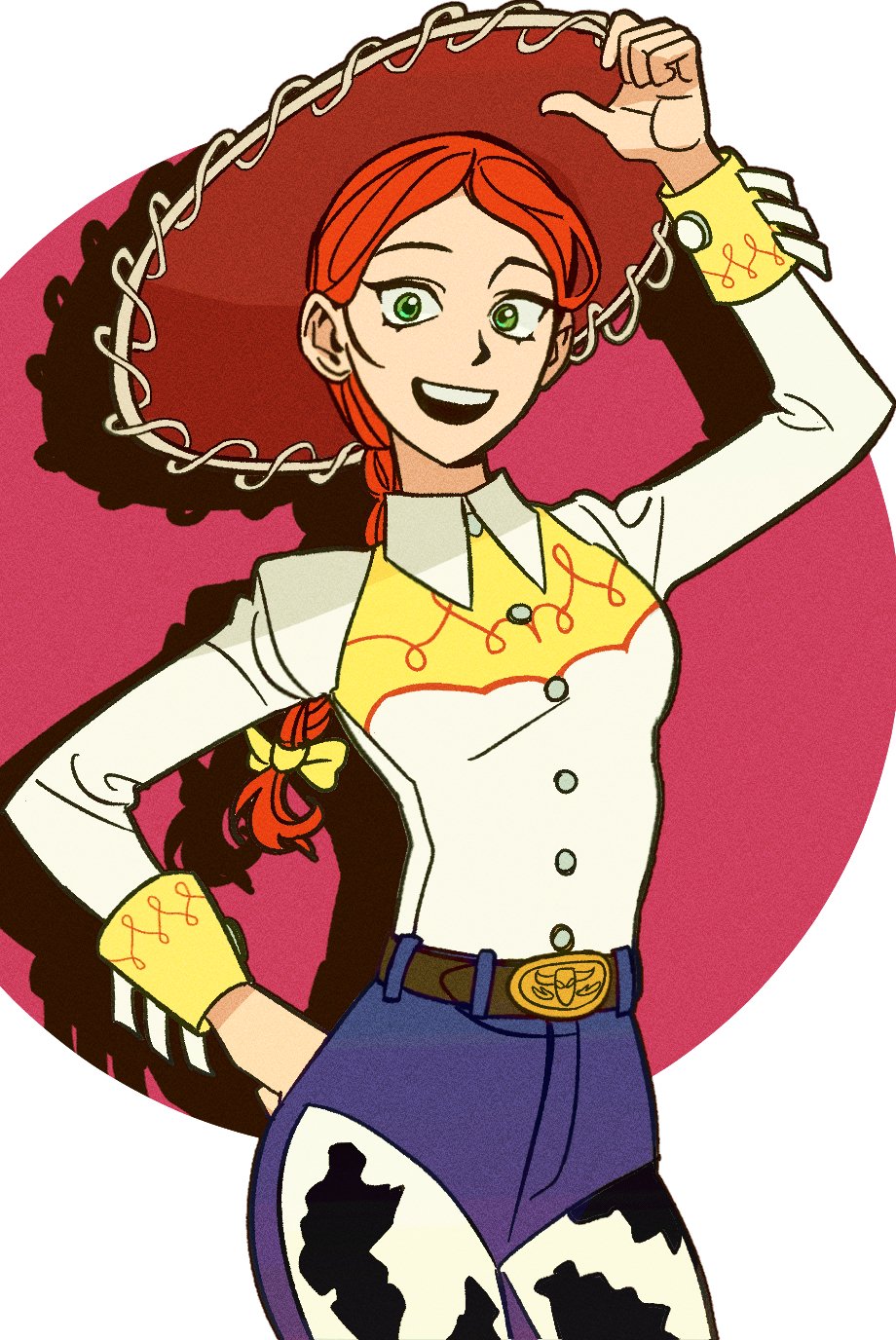 jessie the yodeling cowgirl, toy story, commentary, highres, symbol-only commentary, 1girl, animal print, arm up, baoul101552, belt, belt buckle, bow, braid, brown belt, buckle, chaps, collared shirt, cow print, cowboy hat, cowboy western, cowgirl (western), green eyes, hair bow, hand on own hip, hat, long hair, long sleeves, looking at viewer, open mouth, print chaps, red hair, red hat, shirt, single braid, smile, solo, teeth, upper teeth only, wrist cuffs, yellow bow, yellow wrist cuffs, yoke (clothing)