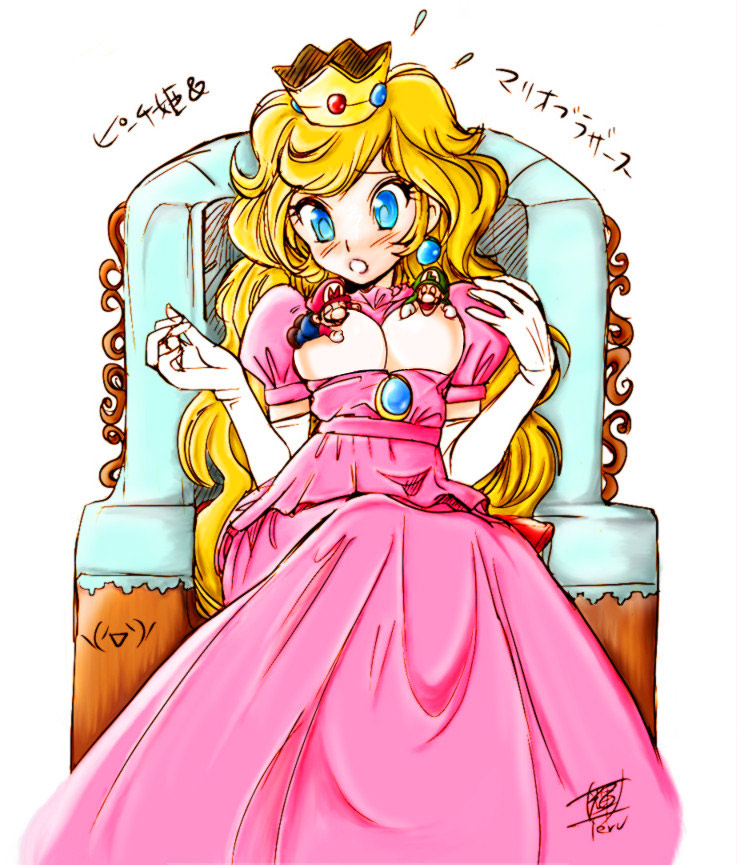 luigi, mario, princess peach, mario (series), nintendo, super mario bros. 1, 1girl, 2boys, blonde hair, blush, breasts, cleavage, dress, multiple boys