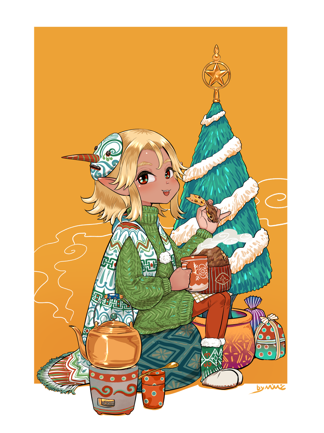 mimit, original, commentary request, food request, highres, 1girl, blonde hair, blush, boots, christmas, christmas tree, cup, dress, food, full body, looking at viewer, mask, mask on head, medium hair, open mouth, pantyhose, red eyes, red pantyhose, sitting, smile, solo, sweater, sweater dress, turtleneck, turtleneck sweater
