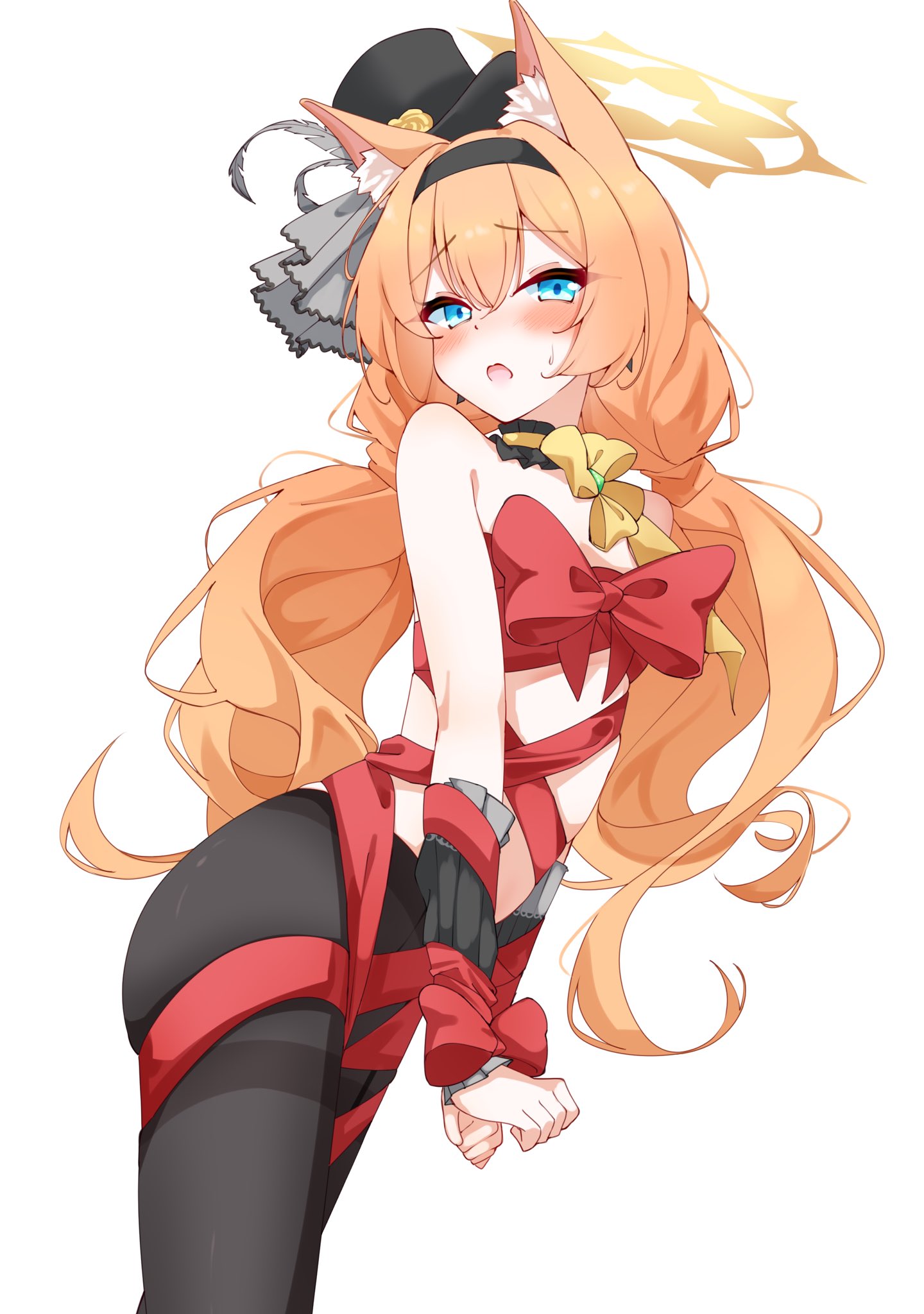 kabocya na, mari (blue archive), mari (idol) (blue archive), blue archive, fluffy hair, commentary request, highres, 1girl, animal ear fluff, animal ears, black headband, black pantyhose, blue eyes, blush, bound, bound wrists, cat ears, choker, flower, frilled choker, frills, grey feathers, halo, hat, hat flower, headband, looking at viewer, low twintails, mini hat, mini top hat, official alternate costume, orange hair, own hands together, pantyhose, red ribbon, ribbon, ribbon bondage, solo, sweat, top hat, twintails, white background, wrist wrap, yellow flower, yellow halo