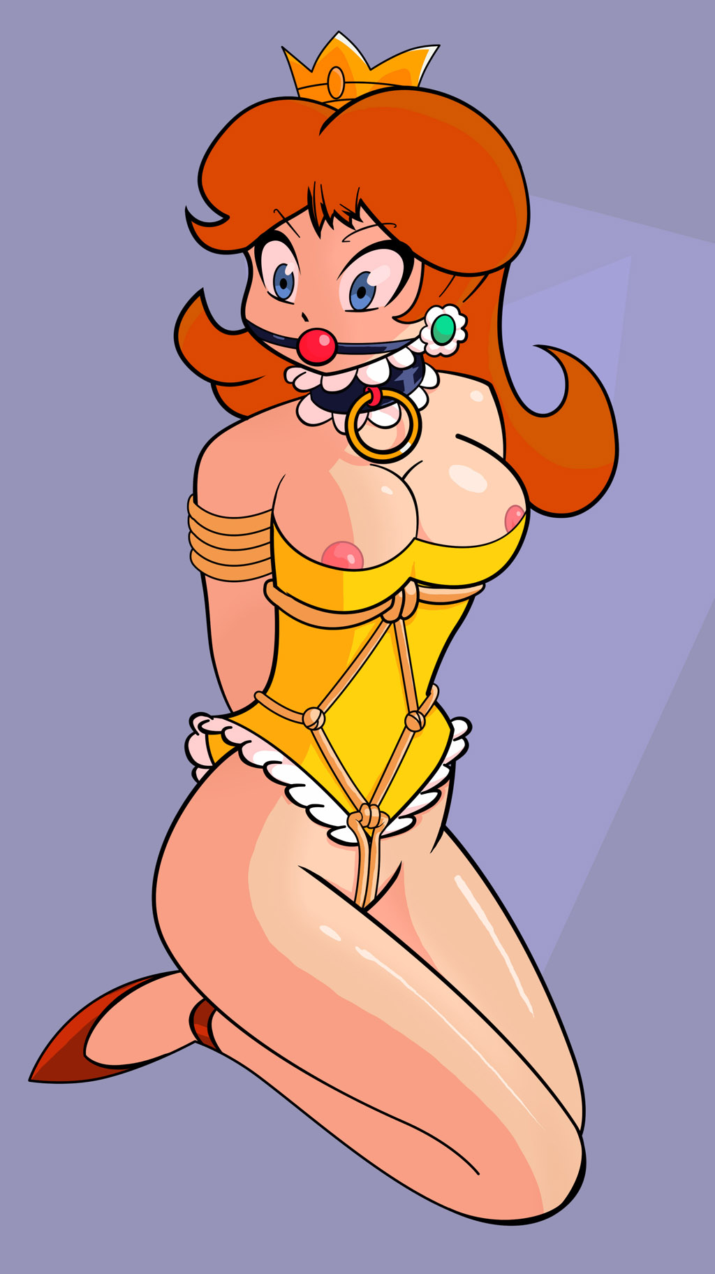 atomictiki, princess daisy, mario (series), nintendo, super mario bros. 1, super mario land, highres, 1girl, arms behind back, ball gag, bdsm, blue eyes, bondage, bound, breasts, cleavage, collar, covering privates, gag, nipples, orange hair, rope