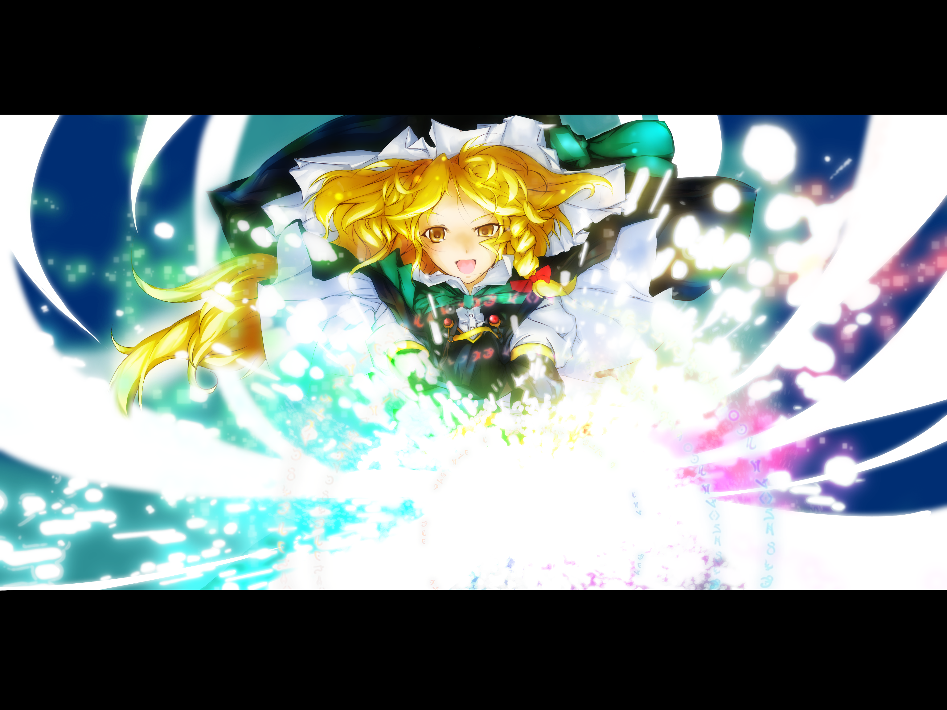 mefix, kirisame marisa, touhou, light, bad id, bad pixiv id, highres, 1girl, blonde hair, braid, cape, female focus, hat, letterboxed, long hair, magic, photokinesis, runes, solo, witch, witch hat, yellow eyes