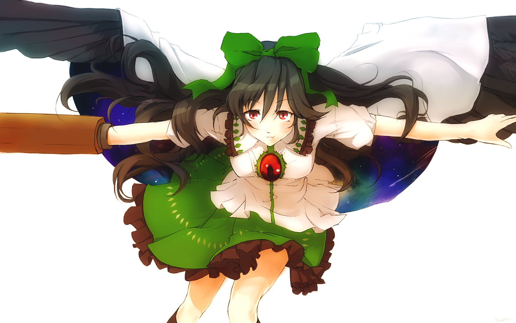 mefix, reiuji utsuho, touhou, highres, 1girl, black hair, bow, female focus, long hair, red eyes, solo, wings
