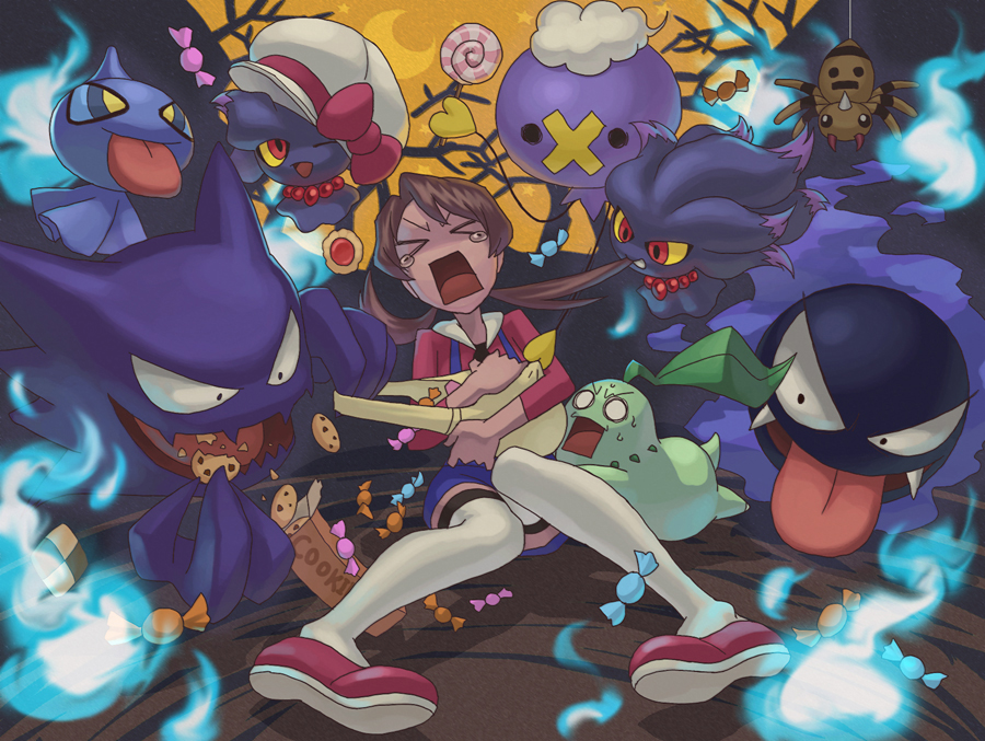 satou kivi, chikorita, drifloon, gastly, haunter, lyra (pokemon), misdreavus, shuppet, spinarak, nintendo, pokemon, pokemon hgss, 1girl, :p, alternate color, alternate shiny pokemon, bag, biting, bow, brown hair, candy, clothed pokemon, cookie, cosplay, fangs, food, gen 1 pokemon, gen 2 pokemon, gen 3 pokemon, gen 4 pokemon, ghost, hair in own mouth, hair ribbon, halloween, hat, lyra (pokemon) (cosplay), newsboy cap, one eye closed, open mouth, overalls, pink ribbon, red ribbon, ribbon, scared, screaming, short twintails, thighhighs, tongue, tongue out, twintails, white thighhighs, wink, you gonna get raped