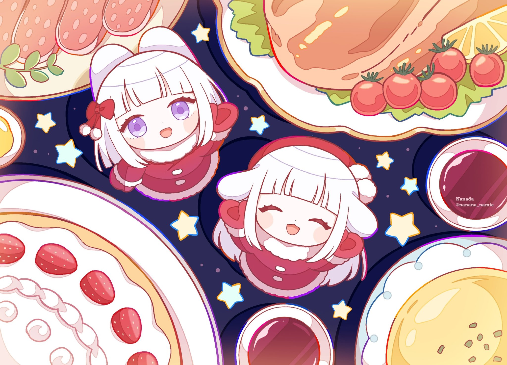 nada namie, original, commentary, highres, 2girls, :d, ^ ^, animal ears, arm up, arms up, blunt bangs, blush stickers, cake, cherry tomato, chibi, chibi only, christmas, closed eyes, dress, facing viewer, floppy ears, food, fruit, full body, fur-trimmed dress, fur-trimmed sleeves, fur trim, gloves, hat, lemon, lemon slice, lettuce, long hair, long sleeves, looking at viewer, meat, mini person, minigirl, multiple girls, open mouth, purple eyes, rabbit ears, rabbit girl, red dress, red gloves, red hat, santa costume, santa dress, smile, standing, strawberry, tomato, white hair