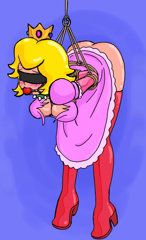 princess peach, mario (series), nintendo, super mario bros. 1, 1girl, bdsm, blindfold, blush, bondage, boots, bound, breasts, cleavage, dress, female focus, gag, solo, thigh boots, thighhighs