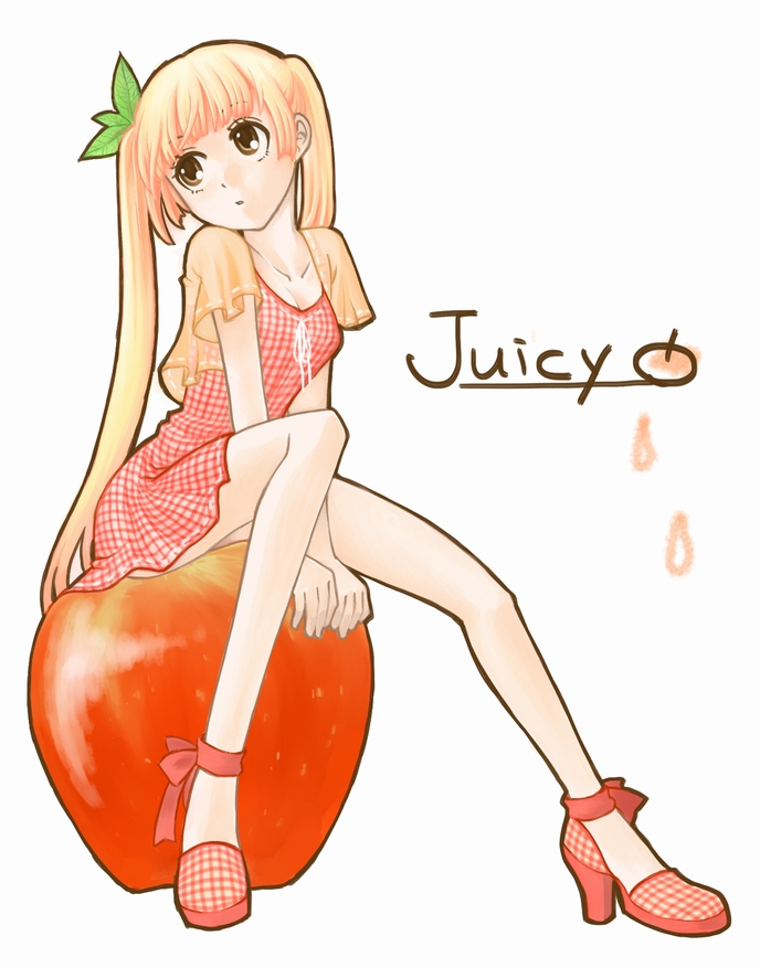 chiori n, original, commentary request, 1girl, blonde hair, breasts, brown eyes, dress, food, fruit, full body, long hair, looking to the side, sitting, small breasts, solo, twintails, very long hair