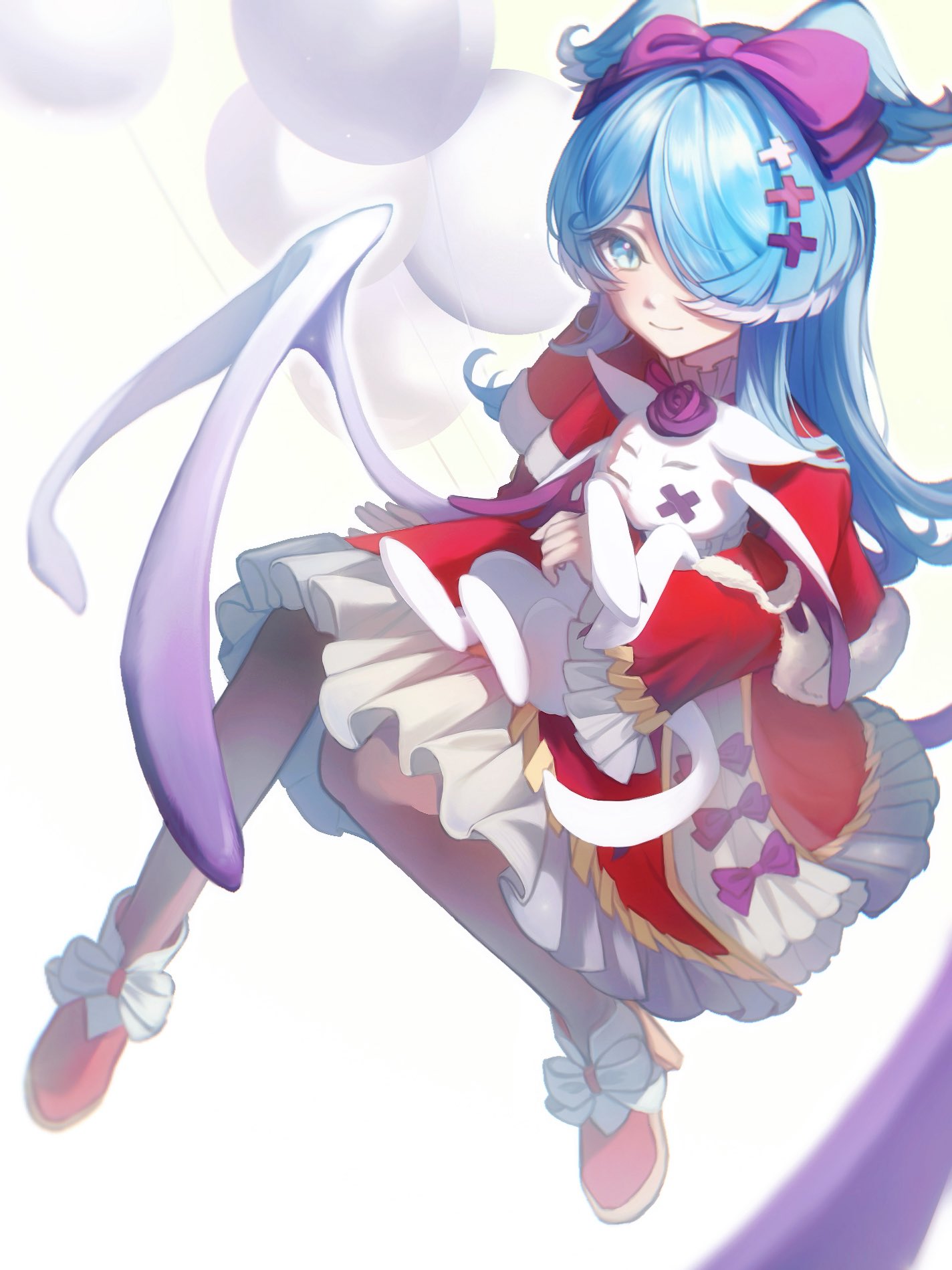 elira pendora, pikl (elira pendora), nijisanji, nijisanji en, commentary request, highres, 1girl, aqua eyes, balloon, blue hair, bow, cross-shaped pupils, dress, footwear bow, frilled dress, frills, full body, hair bow, hair over one eye, head wings, invisible chair, long hair, looking at viewer, low wings, pantyhose, red pantyhose, santa costume, santa dress, simple background, sitting, symbol-shaped pupils, virtual youtuber, white background, wings, xiaomiao zzz