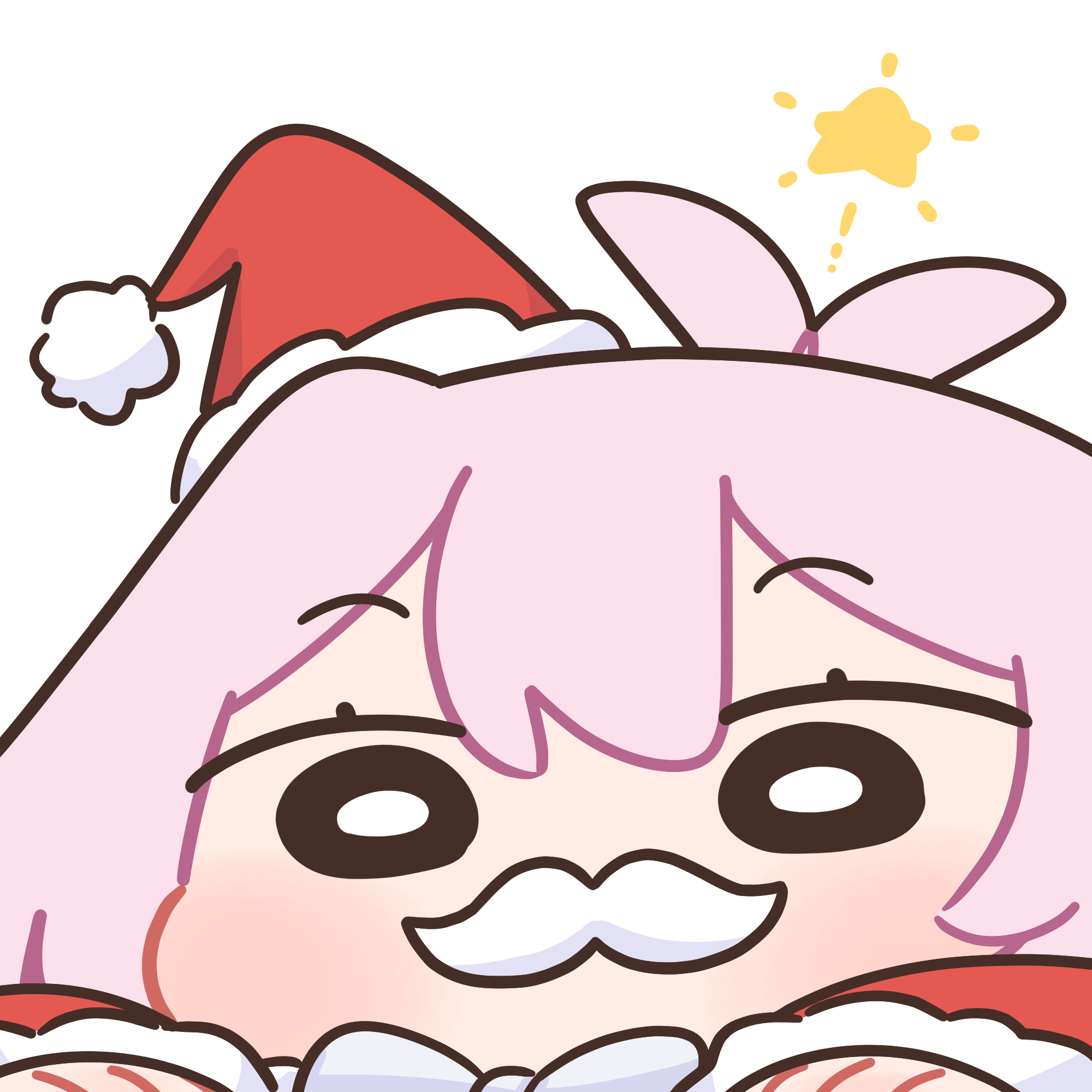 bloodymoonia, mumble (shachimu), original, commentary, english commentary, highres, 1girl, antenna hair, black eyes, bow, bowtie, chibi, double-parted bangs, fake facial hair, fake mustache, fur-trimmed sleeves, fur trim, hat, mini hat, mini santa hat, no mouth, no sclera, o o, pink hair, raised eyebrows, santa hat, solid circle eyes, solid eyes, solo, star (symbol), white bow, white bowtie