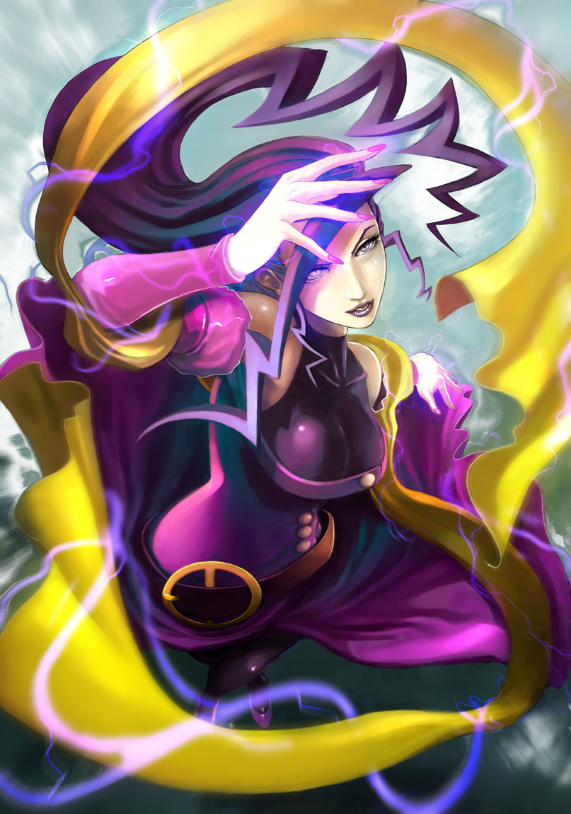 erufan, rose (street fighter), capcom, street fighter, 1girl, detached sleeves, electricity, female focus, fingernails, hagoromo, hair slicked back, lipstick, long fingernails, long hair, makeup, purple eyes, purple hair, purple lips, shawl, single hair intake, solo