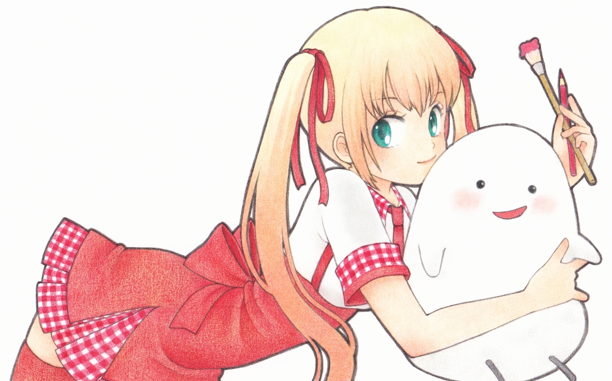 chiori n, original, colored pencil (medium), commentary request, traditional media, 1girl, blonde hair, blush, dress, ghost, gingham clothes, green eyes, holding, holding paintbrush, holding pencil, long hair, looking at viewer, paintbrush, pencil, simple background, smile, twintails, white background